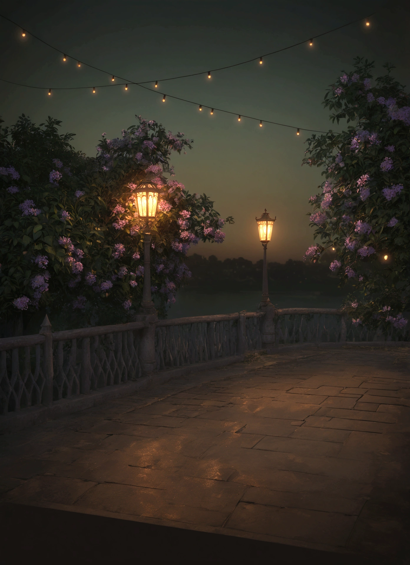 there is a street lamp on the bridge near the water, Volumetric evening lights, cinematic outdoor lighting, fantasy atmospheric lighting, with photorealistic lighting, Soft evening lighting, Cinematic Night Lighting, volumetric lighting. fantasy, highly detailed ambient lighting, volumetric lighting beautiful, painting, impressionism