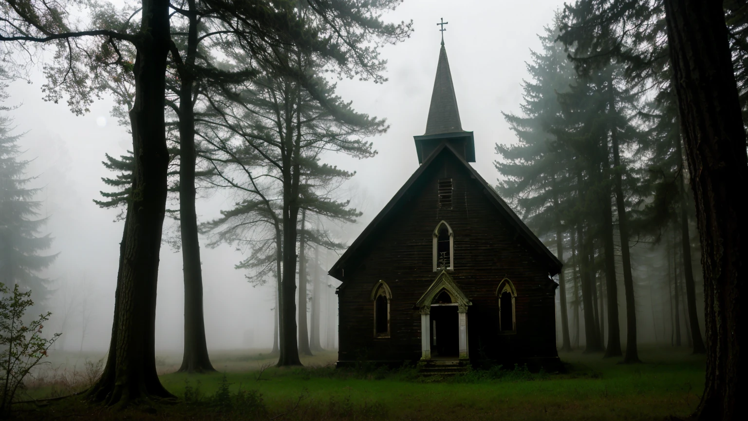 A photograph of an abandoned church in the middle of a forest with lots of fog and trees.