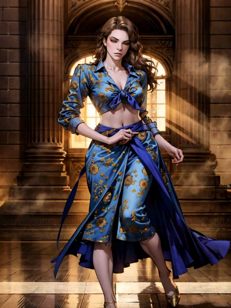 Uma mulher com cabelos longos castanhos claros, um rosto delicado, um olhar vazio em seus olhos, figure of a slender and firm dancer, uma roupa de estilo fantasia realista, ela amarra uma camisa francesa no peito, revelando sua cintura graciosa, ela usa jeans apertados na parte inferior do corpo, a flowing skirt is gracefully tied at the waist, ela caminha vagarosamente em uma cidade de estilo fantasia, This character incorporates a realistic and fantasy style dancer finely crafted in the anime style, exquisite and mature manga art style, linda mulher, High definition, melhor qualidade, high resolution, ultra-detalhado, Pintura ultrafina, extremamente delicado, Profissional, Anatomicamente correto, Symmetrical face, olhos e rosto extremamente detalhados, olhos de alta qualidade, criatividade, Foto CRU, UHD, 8K, Luz natural, cinematic lighting, Obra de arte-anatomy-perfect, Obra de arte:1.5