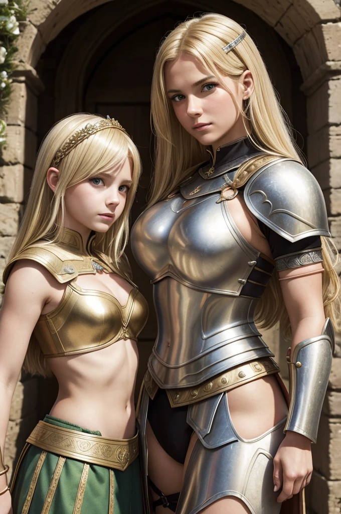 mother and daughter portrait break: mature woman, roman warrior, queens blade , middle age, blonde, detailed face, curvy, fighter position, background in uk land break: teen girl, roman warrior, princess blade , 13 years old, teenager girl, small breasts, mini cropped, valkyrian princess ,blonde, detailed face, beautiful, confiant, background in uk land with flowers, soft lesbians