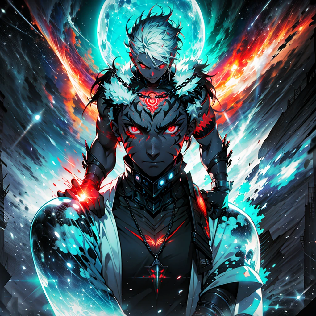Demonic anime boy, tanned skin, white hair, glowing red eyes, neck tattoo, arm tattoo, face tattoo, black suit, black pendant, black piercings, black fire, neon punk background, cosmic, neon red outline, dynamic pose , black smoke, black wings of fire, cinematic lighting, anime style Counterfeit v3, anime art wallpaper 4k, anime art wallpaper 4k, anime wallpaper 4k, anime wallpaper 4k, anime wallpaper 4k, badass anime 8k, anime art wallpaper 8k, manga wallpaper 4k