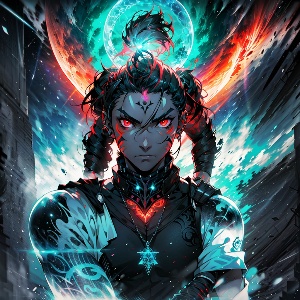 Demonic anime boy, tanned skin, white hair, glowing red eyes, neck tattoo, arm tattoo, face tattoo, black suit, black pendant, black piercings, black fire, neon punk background, cosmic, neon red outline, dynamic pose , black smoke, black wings of fire, cinematic lighting, anime style Counterfeit v3, anime art wallpaper 4k, anime art wallpaper 4k, anime wallpaper 4k, anime wallpaper 4k, anime wallpaper 4k, badass anime 8k, anime art wallpaper 8k, manga wallpaper 4k