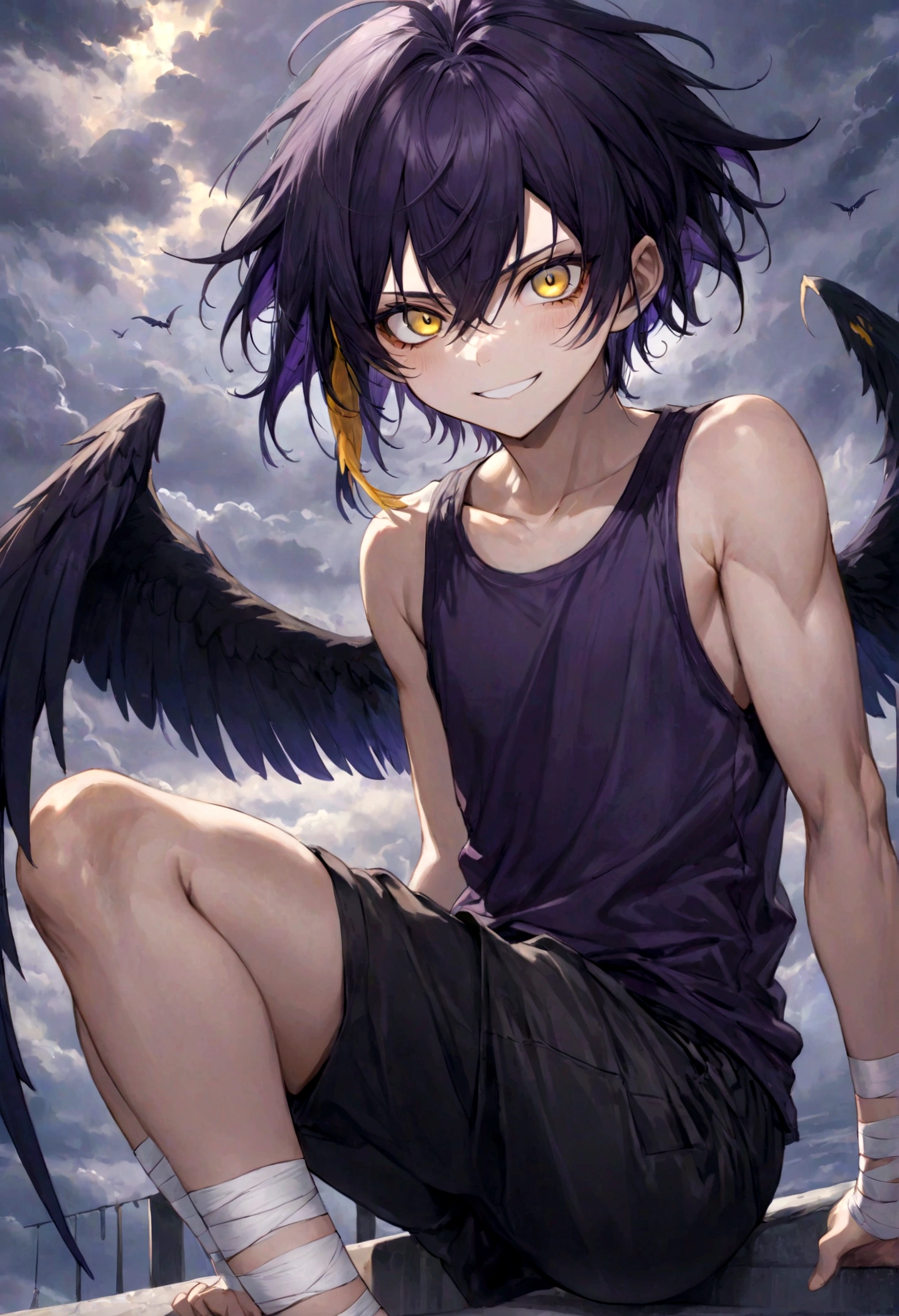 ((top-quality)), ((masterpiece)), ((ultra-detailliert)), (extremely delicate and beautiful), harpy boy, bandages on feet, mischievous smile, dark purple hair, golden eyes, constricted pupils, dark purple wings, well fitted black tank top, dark black shorts, stormy sky background