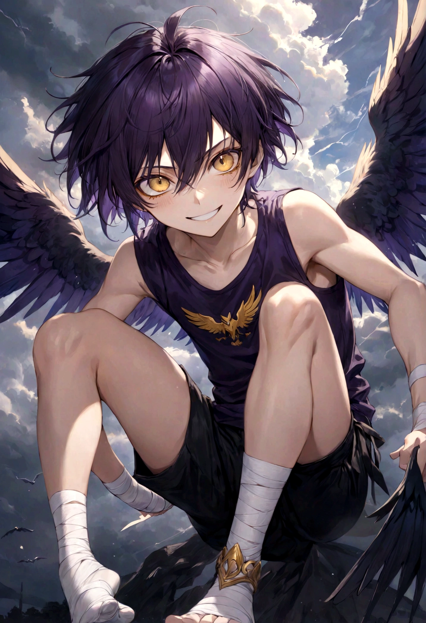 ((top-quality)), ((masterpiece)), ((ultra-detailliert)), (extremely delicate and beautiful), harpy boy, bandages on feet, mischievous smile, dark purple hair, golden eyes, constricted pupils, dark purple wings, well fitted black tank top, dark black shorts, stormy sky background