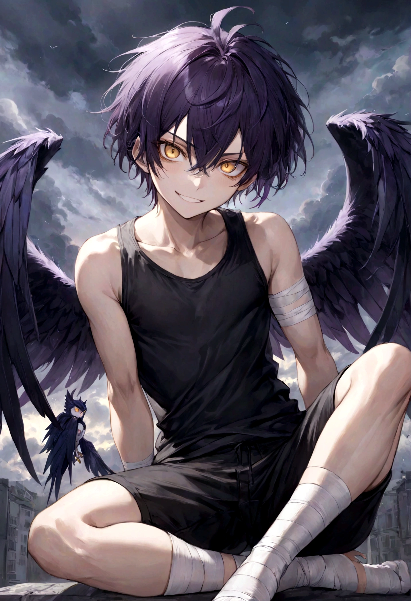 ((top-quality)), ((masterpiece)), ((ultra-detailliert)), (extremely delicate and beautiful), harpy boy, bandages on feet, mischievous smile, dark purple hair, golden eyes, constricted pupils, dark purple wings, well fitted black tank top, dark black shorts, stormy sky background