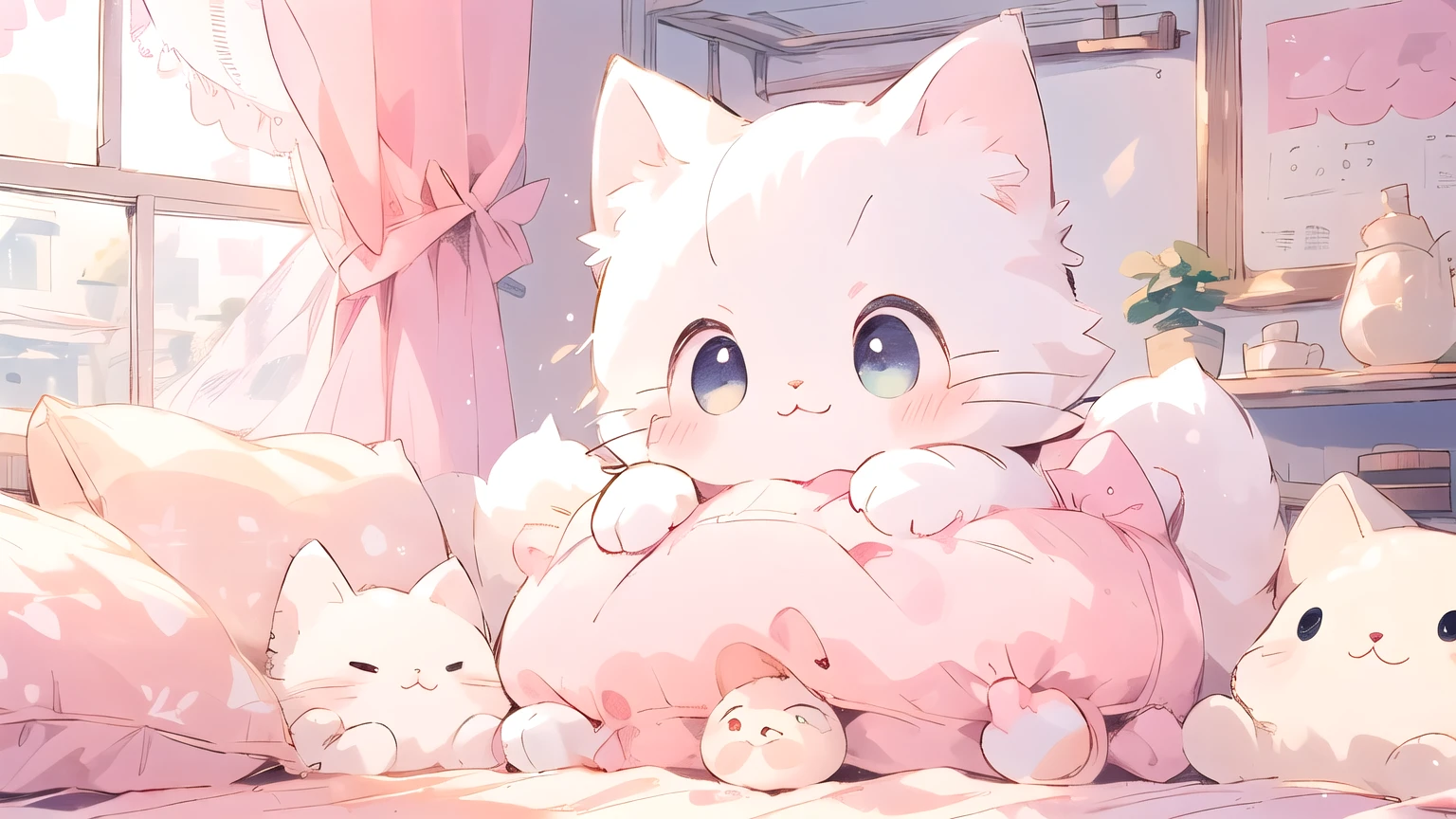 A cute cat with round eyes,Pink Curtains、Cute room, Sunlight outside the window、One White Cat、On a large cushion、Lie down、Close-up
