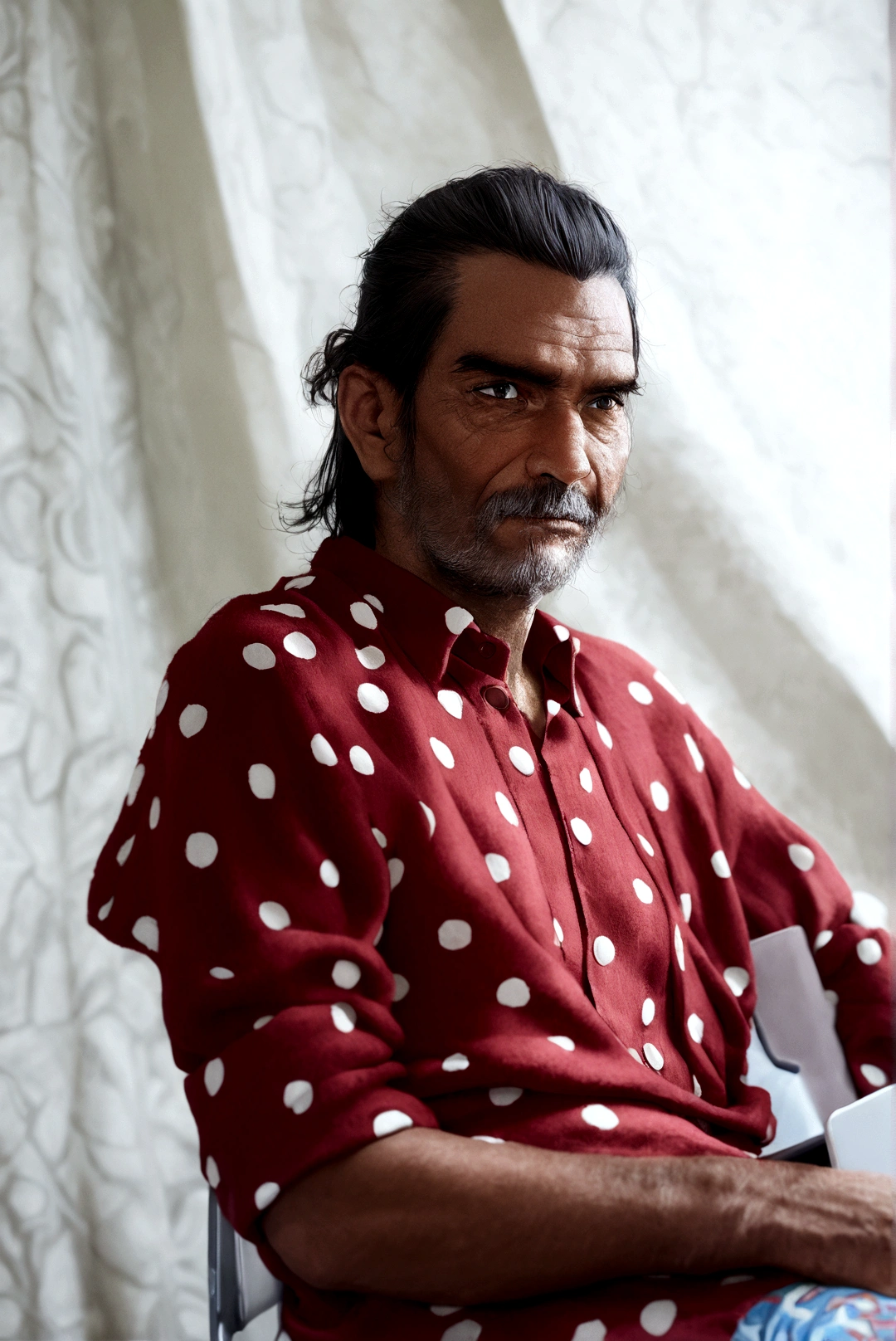arafed man sitting in a chair with a laptop computer, kazuki tanahashi, portrait image, johnatan wayshak, inspired by Sunil Das, portrait of bedouin d&d, zaha hadi, davide sorrenti, art foreground : eloy morales, portrait picture, in style of thawan duchanee, yoshitaka