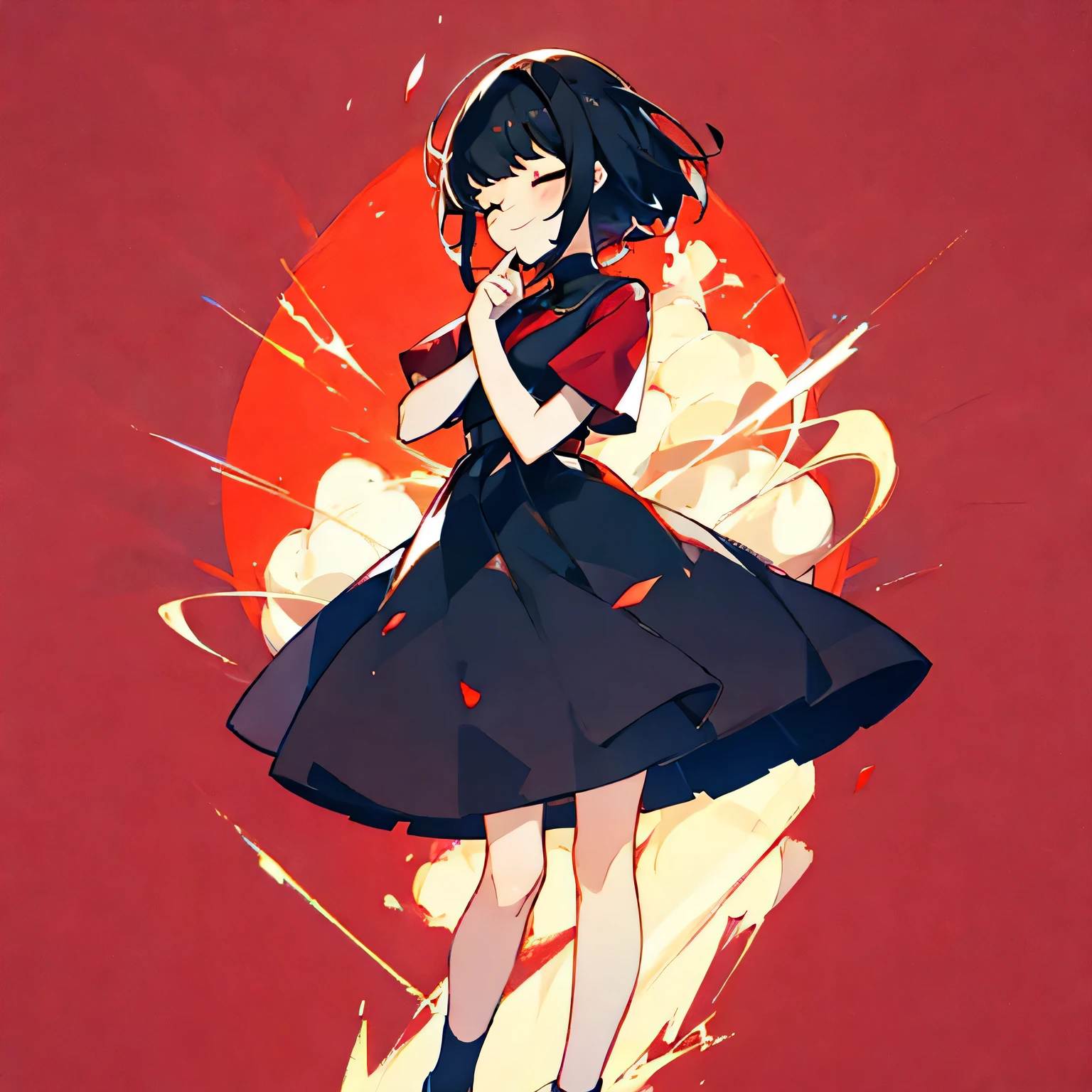 Girl, black hair, red dress, eyes closed, cute, warm and fuzzy
