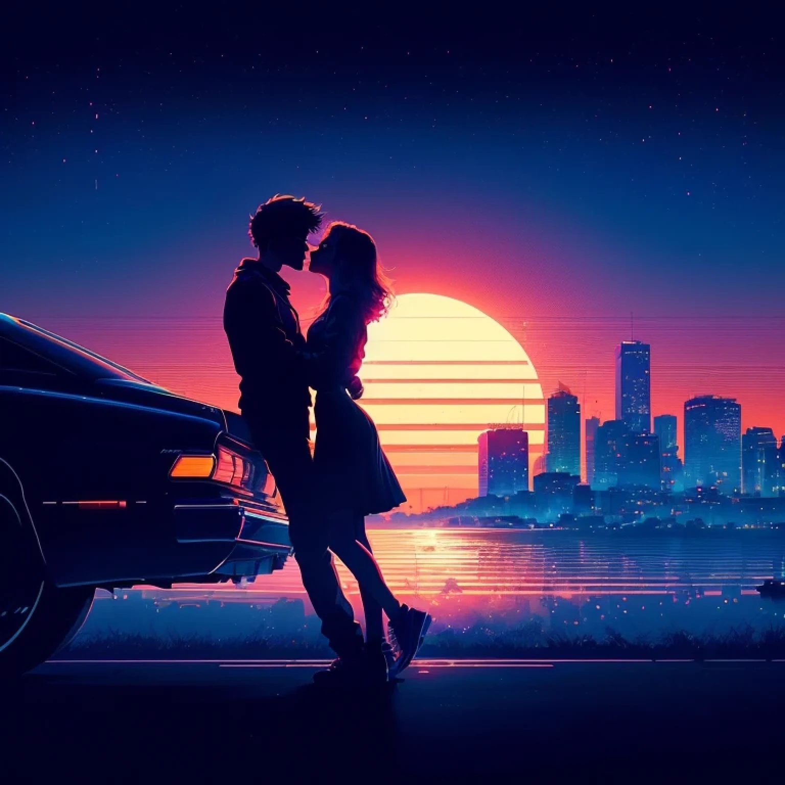 there is a man and a woman kissing in front of a car, art deco surpasses anime aesthetics, superar o estilo de arte, Por Alena Aenami, arte retroonda, epic arte retroonda, arte synthwave style ]!!, Retrowave Epic Art, arte synthwave, arte synthwave style, arte de alena aenami, inspired Por Alena Aenami