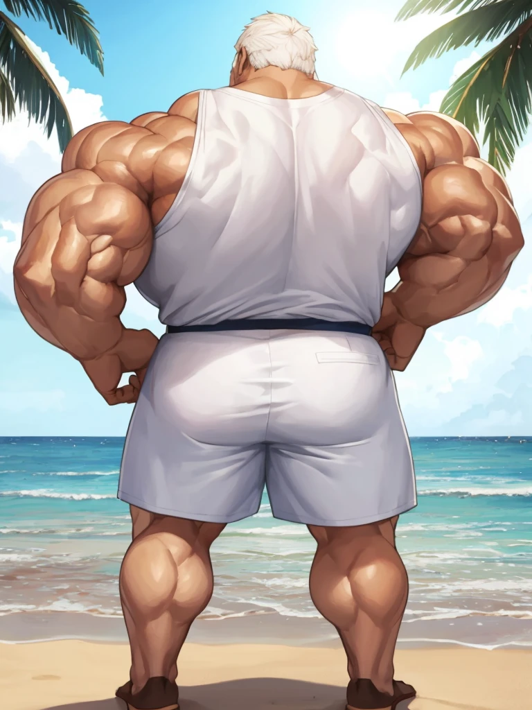 beach, back view, extremely huge muscular, massive muscular, full-body, well-muscled old man in a white shirt and showing back muscle. ((extremely muscle size, super thick arms, huge back, extremely wide back and shoulder , huge arms)).  and add details to make it attractive and interesting. Add textures and details to make the image more realistic, such as the appearance of the shirt texture and the appearance of the skin. Make sure the resulting image is high resolution, 8K quality."