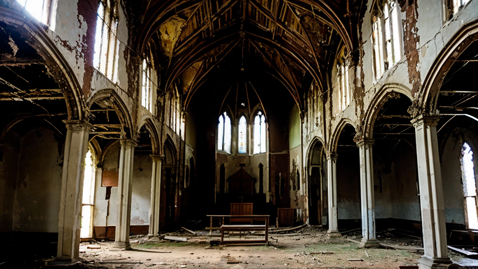 A photograph of the interior of an old abandoned church. It is very dirty, full of images of old saints.