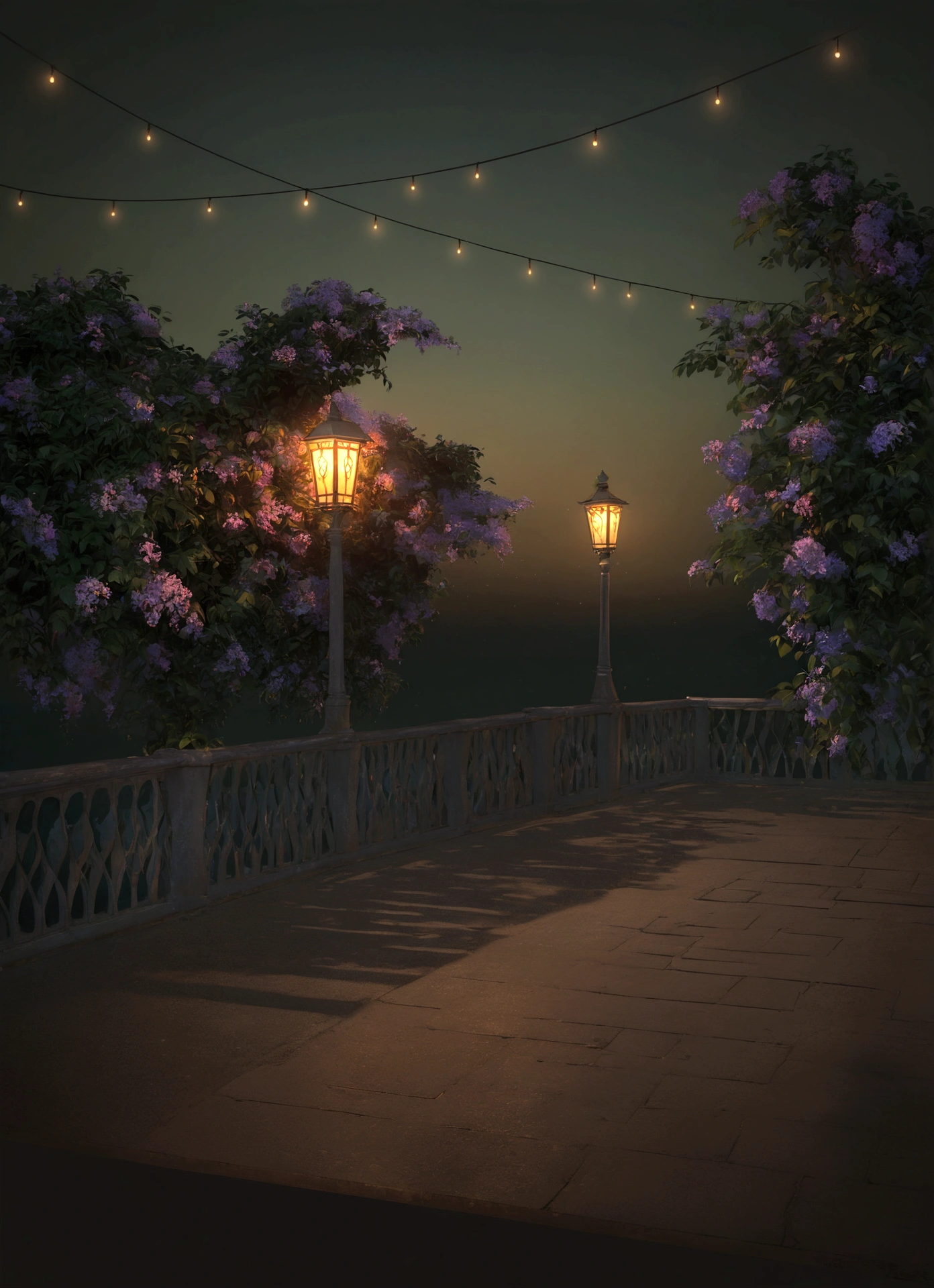 there is a street lamp on the bridge near the water, Volumetric evening lights, cinematic outdoor lighting, fantasy atmospheric lighting, with photorealistic lighting, Soft evening lighting, Cinematic Night Lighting, volumetric lighting. fantasy, highly detailed ambient lighting, volumetric lighting beautiful, painting, impressionism, rich colors in the light