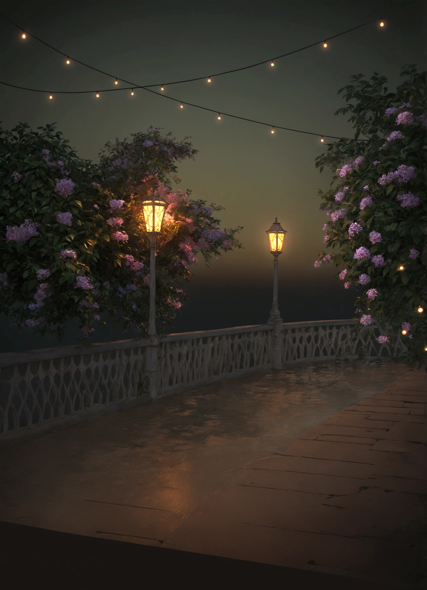 there is a street lamp on the bridge near the water, Volumetric evening lights, cinematic outdoor lighting, fantasy atmospheric lighting, with photorealistic lighting, Soft evening lighting, Cinematic Night Lighting, volumetric lighting. fantasy, highly detailed ambient lighting, volumetric lighting beautiful, painting, impressionism, rich colors in the light