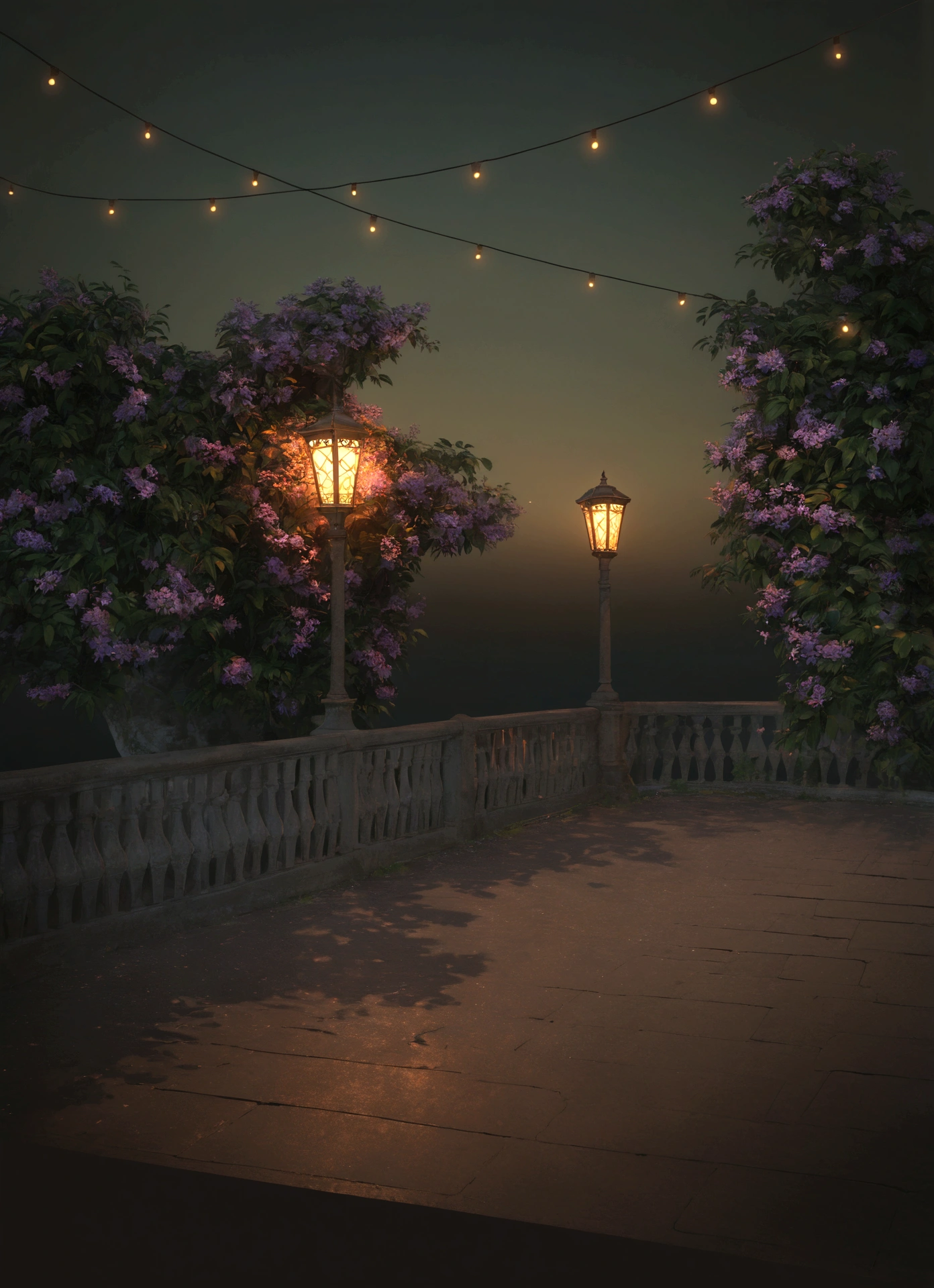there is a street lamp on the bridge near the water, Volumetric evening lights, cinematic outdoor lighting, fantasy atmospheric lighting, with photorealistic lighting, Soft evening lighting, Cinematic Night Lighting, volumetric lighting. fantasy, highly detailed ambient lighting, volumetric lighting beautiful, painting, impressionism, rich colors in the light