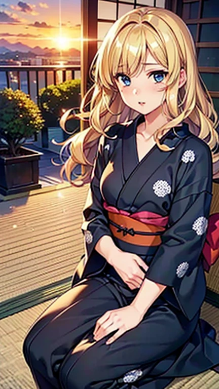 A girl is posing for a photo,pretty girl,Enchanting girl,Anime Girls,
(((One Girl,Baby Face,16 years old))),
BREAK 

((Camellia pattern black yukata:1.4,))、(Hairpin)、
BREAK 

((Blonde:1.4、Wavy Hair、Hair blowing in the wind、Semi-long hair:1.4)),
(Drooping eyes,blue eyes),(Small breasts),
BREAK 

(Beautiful Hair,Shiny Hair),
(Expression of fine eyes,Beautiful and delicate eyes,Sparkling eyes,Eye Reflexes),
(double eyelid,Long eyelashes),
(Beautiful Nose,Thin Nose),
(Glossy lips,Beautiful Lips,Thick lips),
(Symmetrical facial features,Perfect Face),(((Detailed skin,Oily skin,Textured skin,Beautiful Skin))),
BREAK 

(Open your mouth),
((evening、Porch of Japan house:1.4、Sunset、mosquito coil)),((Sit on the veranda、Place your hands on your knees:1.4、Dynamic Pose)),
BREAK 

(((highest quality)),((masterpiece)),((Very detailed))),((High resolution),(8k),(16k,1080p),(Anime 2D Rendering)),(Anatomically correct),
((Realistic)), (The best CG),Highly detailed art,CG illustration,
