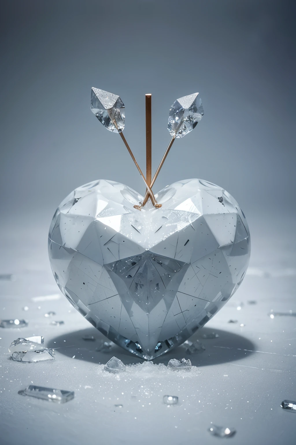 An arrow pierces through a cold, crystallized heart made of ice. It shatters into multiple ice shards upon impact.
