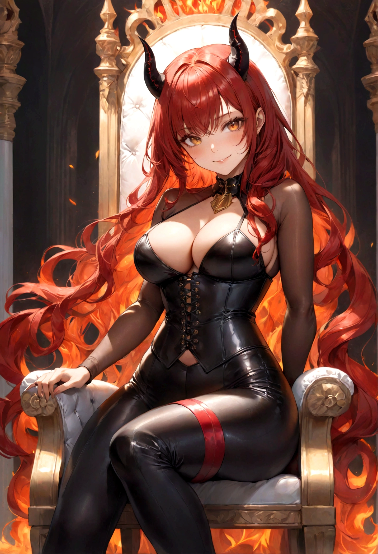 ((top-quality)), ((masterpiece)), ((ultra-detailliert)), (extremely delicate and beautiful), voluptuous woman, sexy woman, dark tanned skin, red hair, wavy hair, long hair, wearing skin tight glossy black corset top, skin tight glossy black pants, dominant sexy expression, demon horns, golden eyes, sexy smile, sitting on a throne, fiery throne
