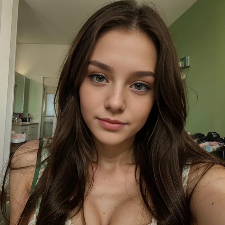 21-year-old brunette European woman with long hair and green eyes
. She makes a cute selfie with cumshot