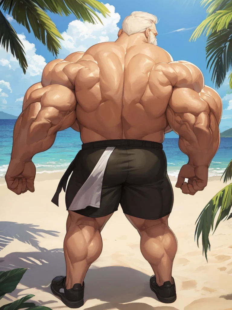 beach, back view, extremely huge muscular, massive muscular, full-body, well-muscled old man in a white shirt and showing back muscle. ((extremely muscle size, super thick arms, huge back, extremely wide back and shoulder , huge arms)). and add details to make it attractive and interesting. Add textures and details to make the image more realistic, such as the appearance of the shirt texture and the appearance of the skin. Make sure the resulting image is high resolution, 8K quality."