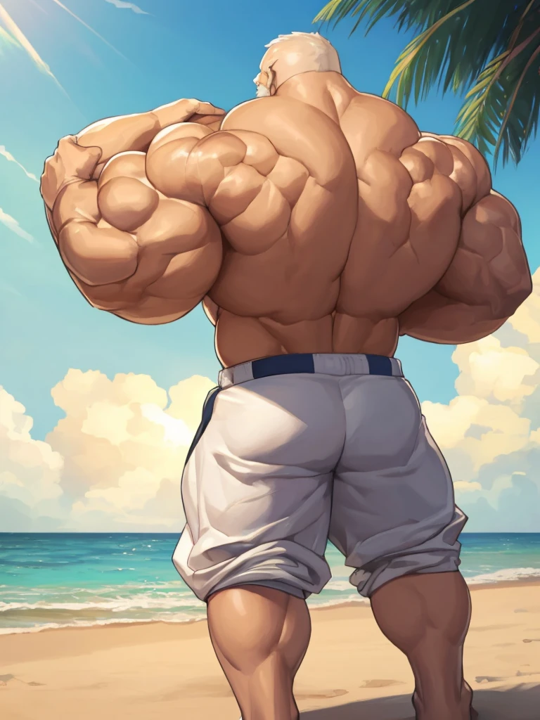 beach, back view, extremely huge muscular, massive muscular, full-body, well-muscled old man in a white shirt and showing back muscle. ((extremely muscle size, super thick arms, huge back, extremely wide back and shoulder , huge arms)). and add details to make it attractive and interesting. Add textures and details to make the image more realistic, such as the appearance of the shirt texture and the appearance of the skin. Make sure the resulting image is high resolution, 8K quality."