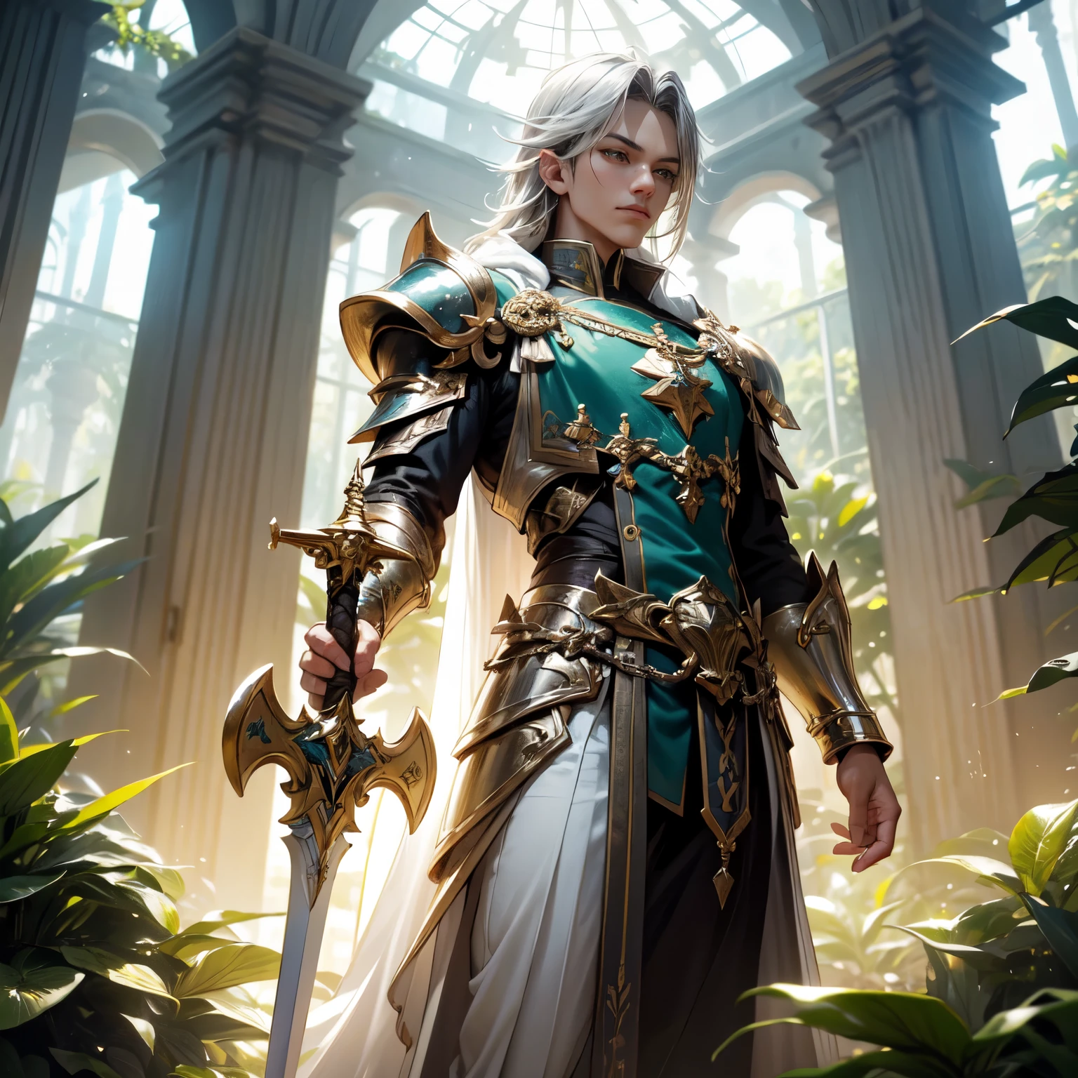 Crie uma imagem digital ultra HD de 8K de um nobre cavaleiro sagrado do rei. Ele tem cabelos castanhos escuros, curtos e bem cuidados, e olhos azuis profundos. His armor is shining silver, adorned with gold details and royal insignia. Uma capa azul real com bordados dourados desce de seus ombros. No jardim de inverno, o cavaleiro empunha a Espada de Zeus. The sword is made of celestial gold and emits golden rays, with divine inscriptions along the blade that shine brightly. The hilt of the sword is adorned with small rays and lightning., simbolizando seu poder supremo. Ele segura a espada em uma pose de guarda, ready to protect the verdant paradise, while electric sparks dance around you. The Sword of Zeus is known for its ability to control thunder and lightning, e uma aura de poder divino emana dela. The winter garden is lush, with exotic plants and flowers blooming in a controlled environment. Caminhos de pedra serpenteiam pelo jardim, passando por fontes e estufas de vidro. Luz natural entra pelas amplas janelas, iluminando o verde vibrante das plantas. A imagem deve capturar a serenidade e a beleza do jardim de inverno, highlighting the knight's interaction with the Sword of Zeus.