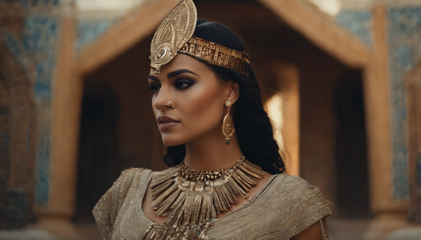 Hyper realistic photoshoot woman model vogue fashion magazine cover inspired by egyptian goddess modern days realistic skin hair face posing cleopatra Egyptian pyramids realistic person with goth fashion detailed clothing