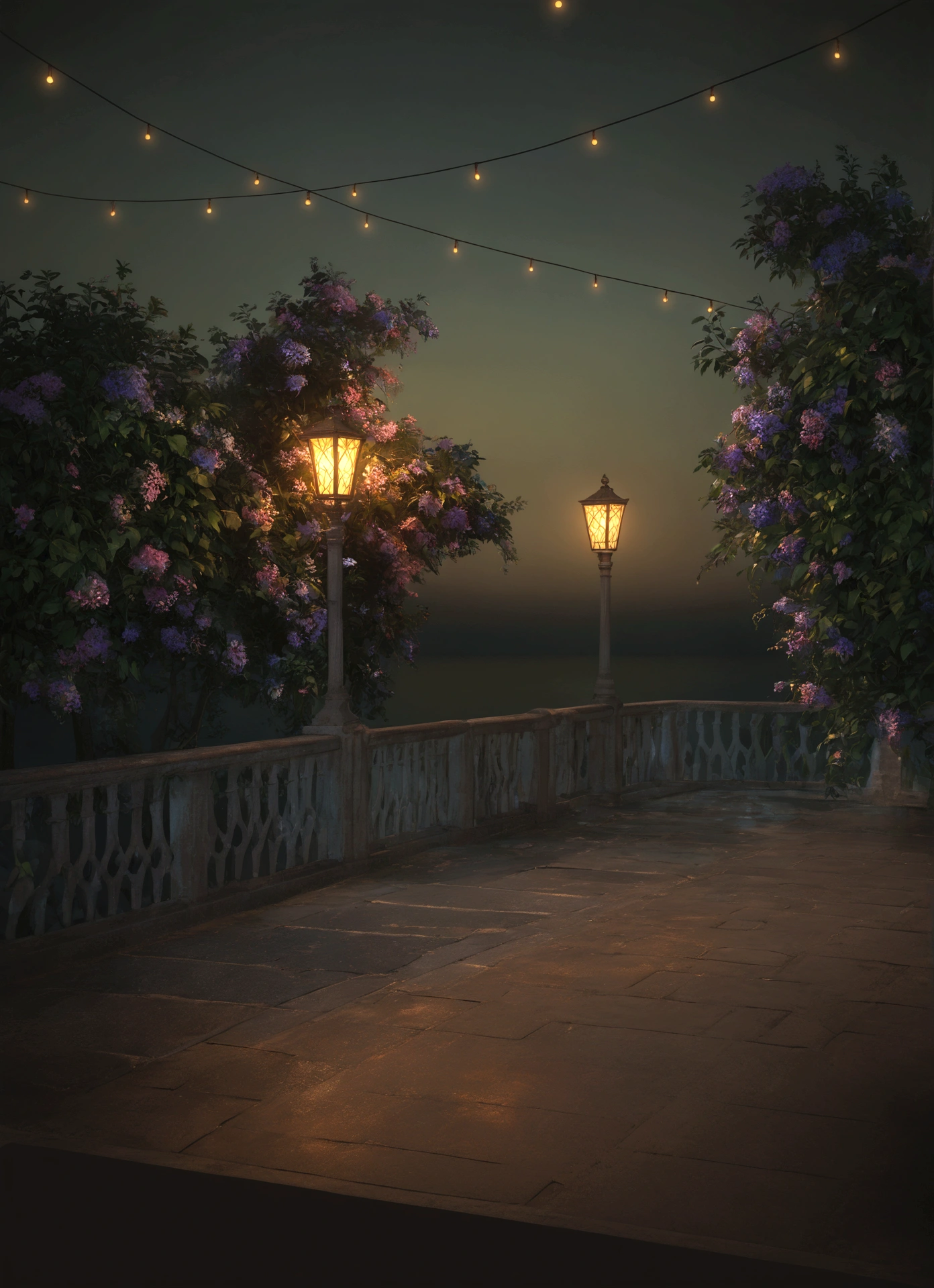 there is a street lamp on the bridge near the water, Volumetric evening lights, cinematic outdoor lighting, fantasy atmospheric lighting, with photorealistic lighting, Soft evening lighting, Cinematic Night Lighting, volumetric lighting. fantasy, highly detailed ambient lighting, volumetric lighting beautiful, painting, impressionism, rich colors in the light, very rich colors