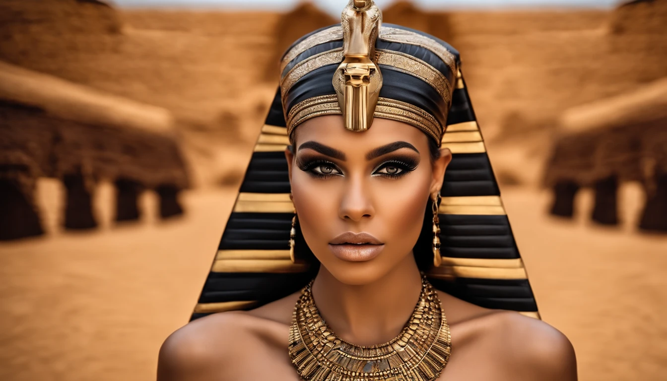 Hyper realistic photoshoot woman model vogue fashion magazine cover inspired by egyptian goddess modern days realistic skin hair face posing cleopatra Egyptian pyramids realistic person with goth fashion detailed clothing