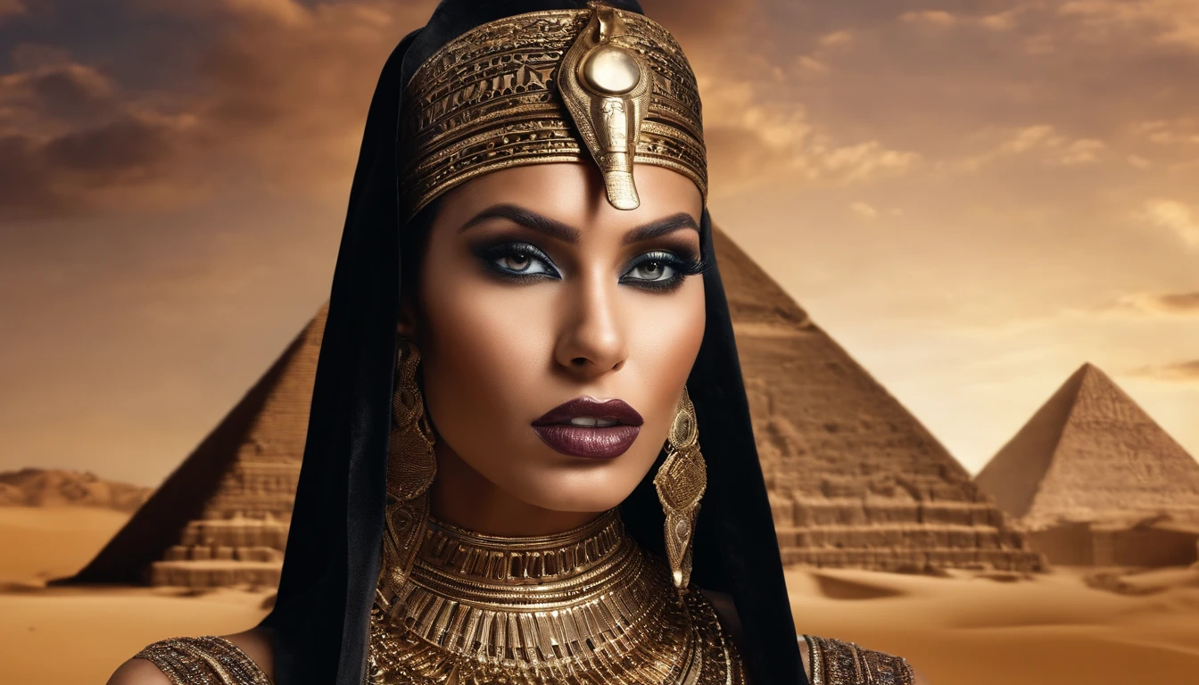 Hyper realistic photoshoot woman model vogue fashion magazine cover inspired by egyptian goddess modern days realistic skin hair face posing cleopatra Egyptian pyramids realistic person with goth fashion detailed clothing