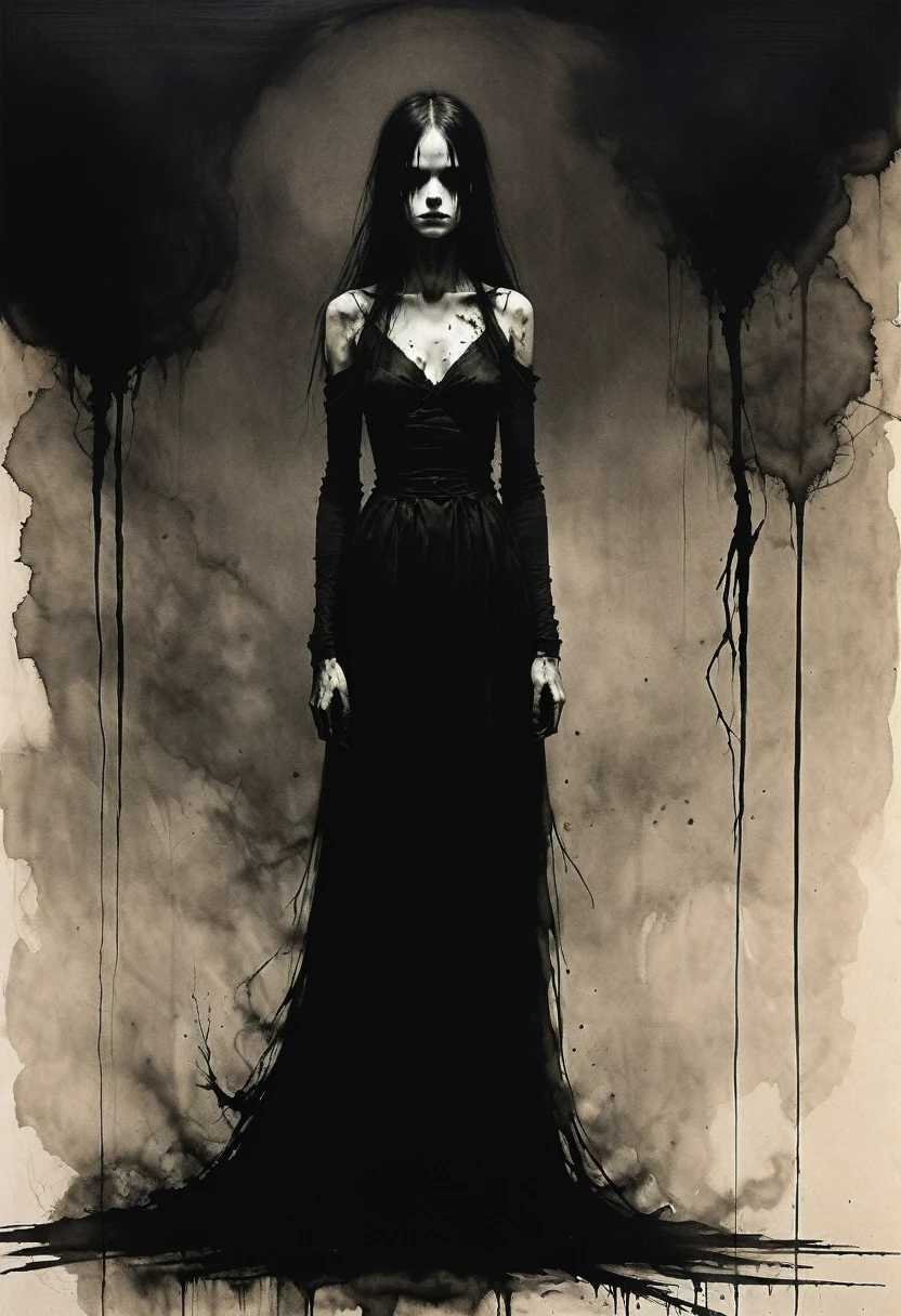 Ashley Wood style, dark scarlet, Chemiluminescence, girl, (minimalism: 1), sepia, ray tracing details...Stephen Gammell Style - Iaaya in the style of Stephen Gammell. Concept art of a female horror character shrouded in flowing black ink that blends with her form, emitting a mysterious and sophisticated presence
