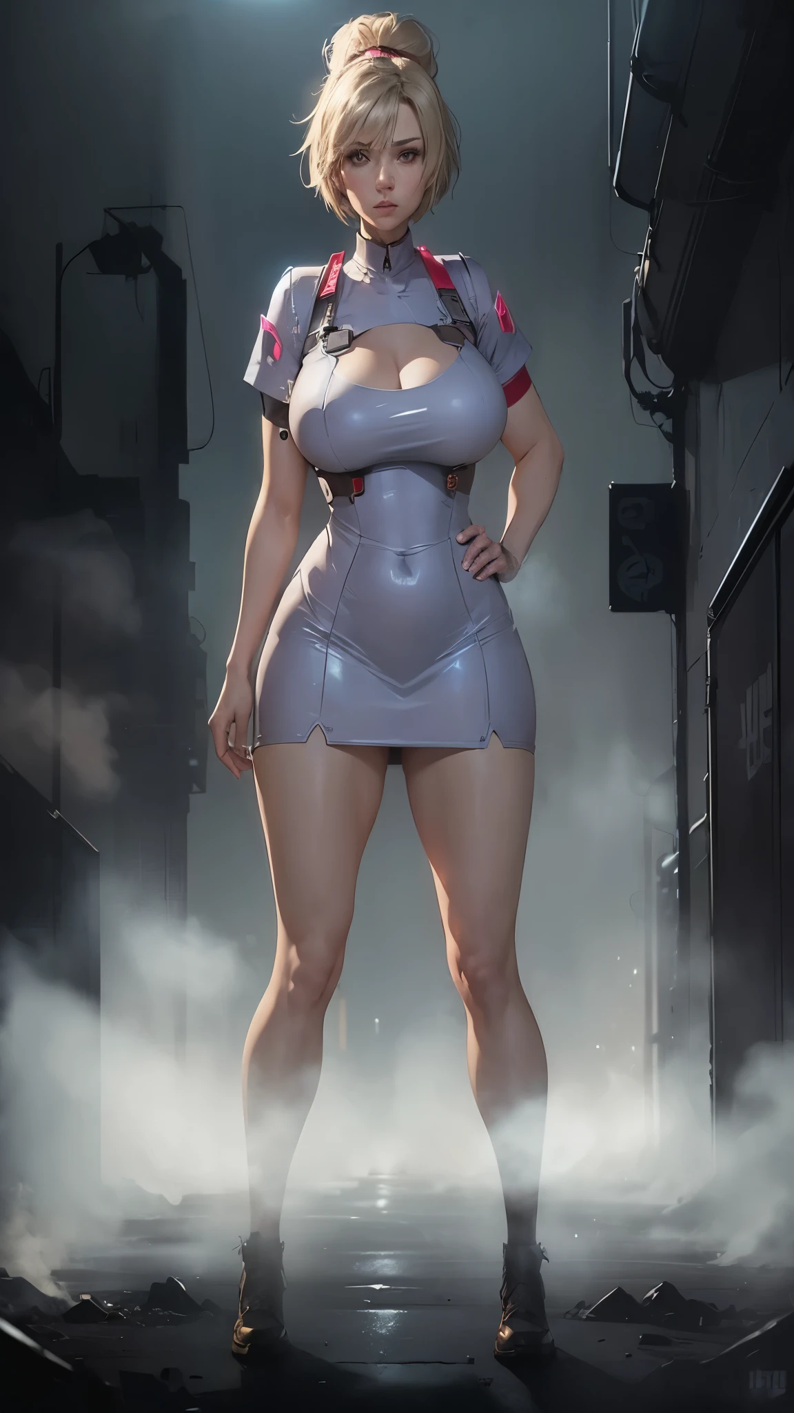 ((huge hips:1.2)), woman bob hair, blue bodysuit, tube top metal armor, pencil mini skirt, metal armor, in dark city silent hill, neon light, gaus rifle, strong stance