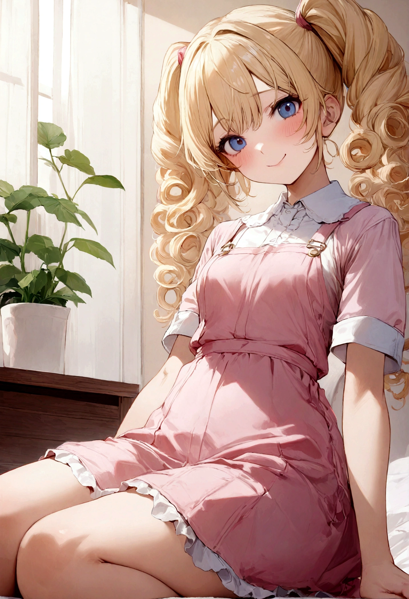 (8K、Top image quality、top-quality、​masterpiece)、1 girl(())、((blonde curly hair twin tails))、Wavy Hair,、blue eyes、cute smile、(( small breasts))、pink pinafore dress、((shortsleeves)), sitting in a bed of her bedroom in front of her bedroom, overall、nsfw, 18 yo
