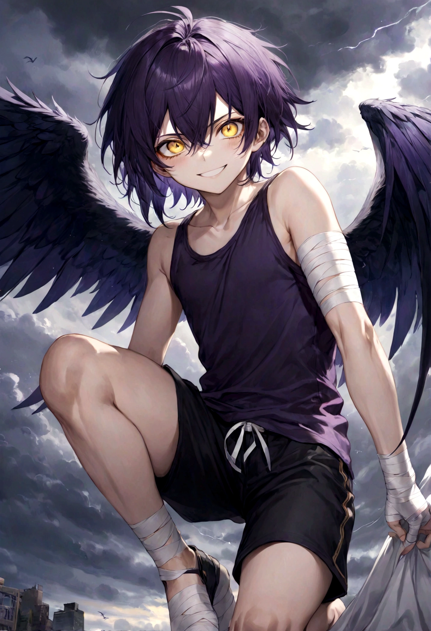 ((top-quality)), ((masterpiece)), ((ultra-detailliert)), (extremely delicate and beautiful), harpy boy, bandages on feet, mischievous smile, dark purple hair, golden eyes, constricted pupils, dark purple wings, well fitted black tank top, dark black shorts, stormy sky background