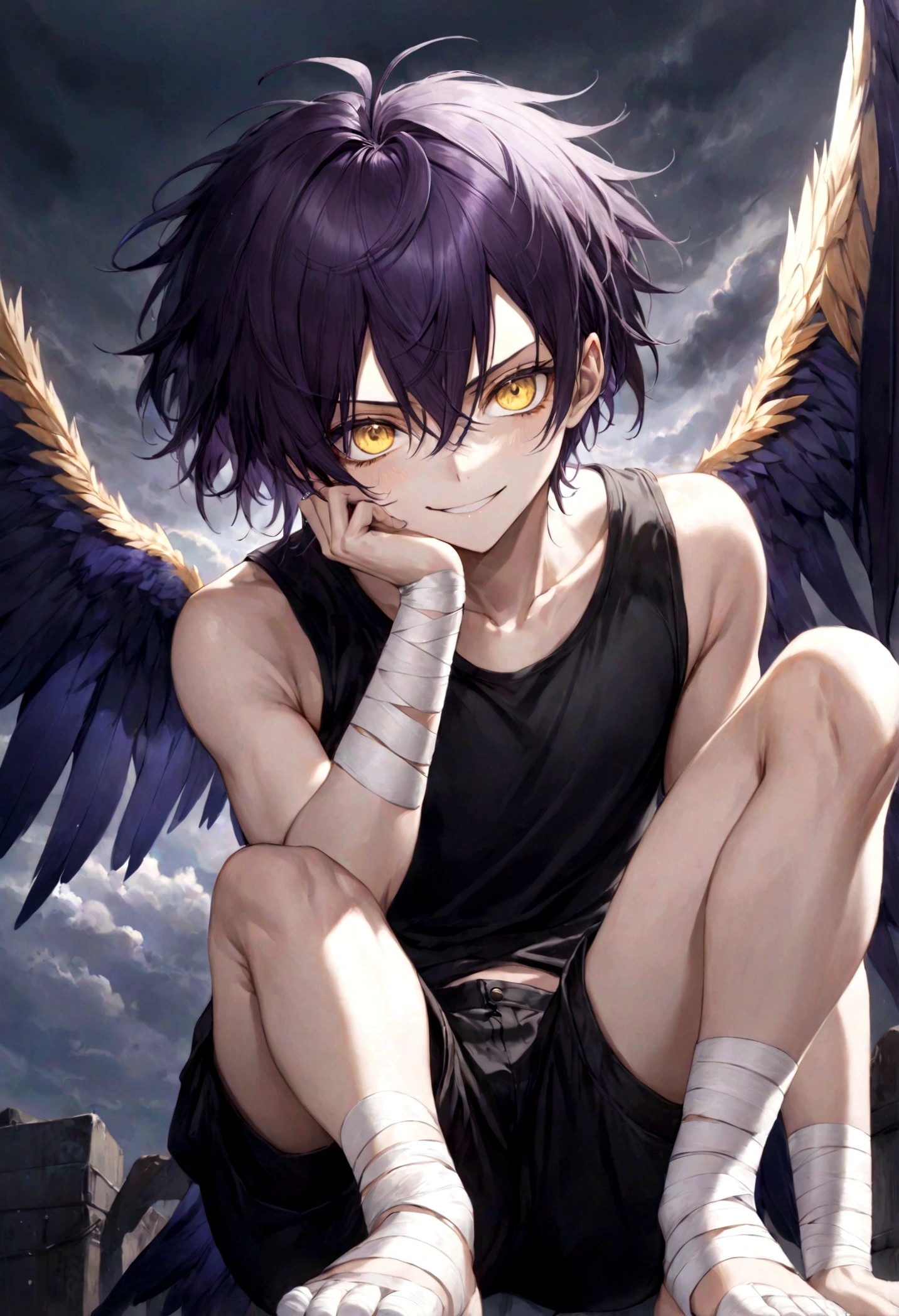 ((top-quality)), ((​masterpiece)), ((ultra-detailliert)), (extremely delicate and beautiful), harpy boy, bandages on feet, mischievous smile, dark purple hair, golden eyes, constricted pupils, dark purple wings, well fitted black tank top, dark black shorts, stormy sky background