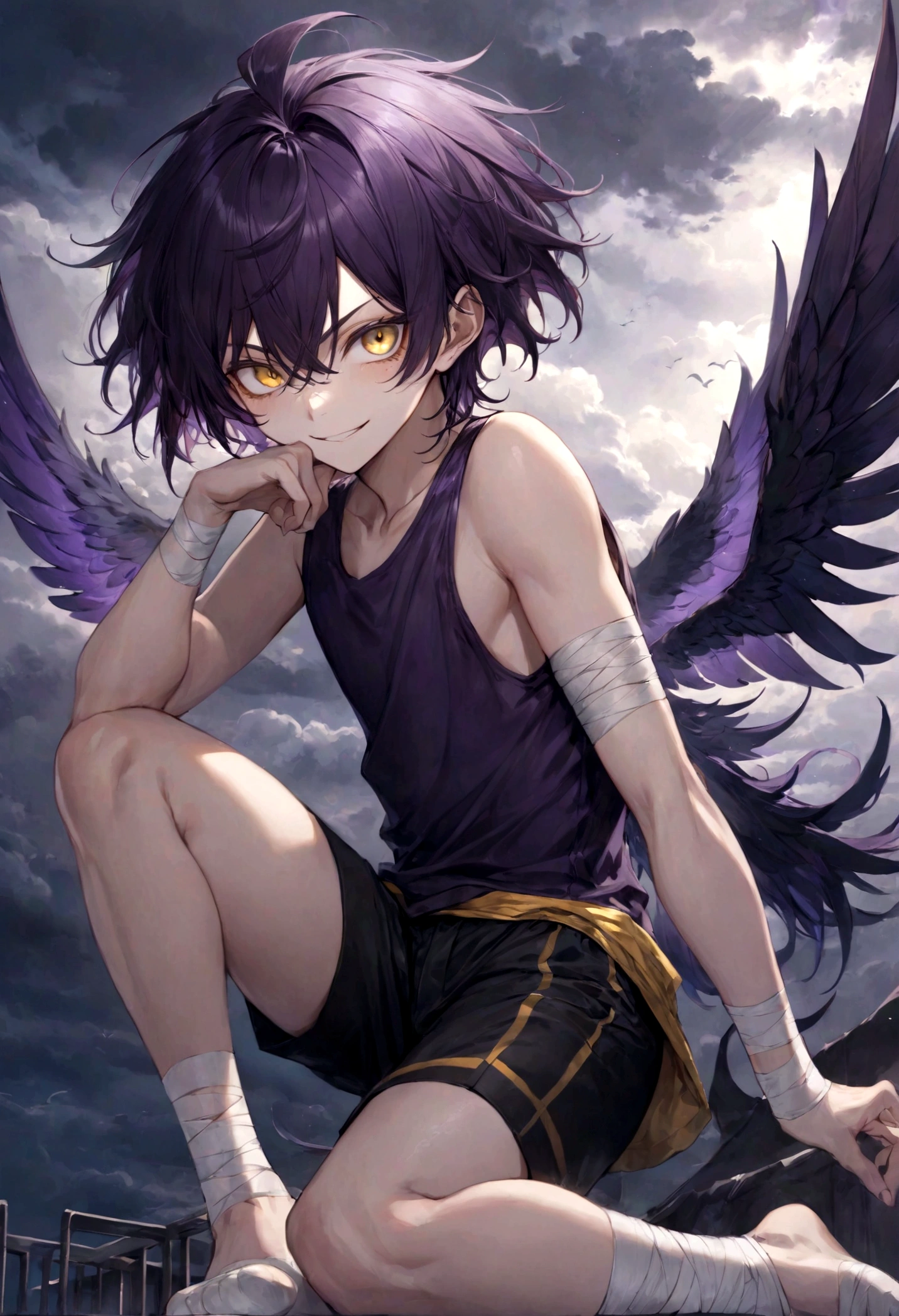 ((top-quality)), ((masterpiece)), ((ultra-detailliert)), (extremely delicate and beautiful), harpy boy, bandages on feet, mischievous smile, dark purple hair, golden eyes, constricted pupils, dark purple wings, well fitted black tank top, dark black shorts, stormy sky background
