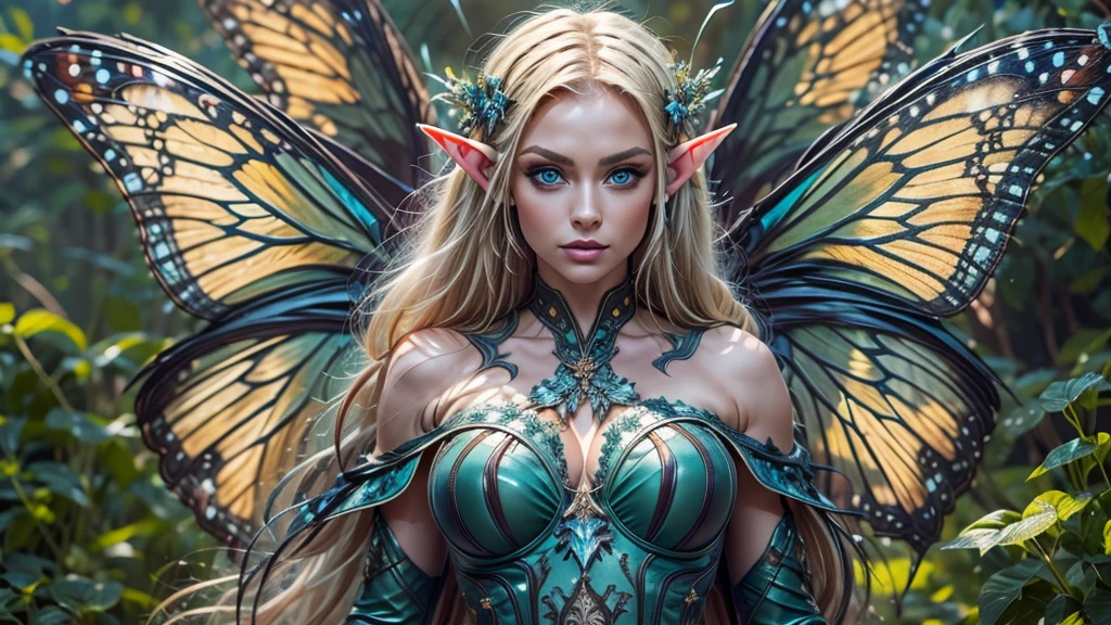 Beautiful woman, elf ears, flying, massive monarch butterfly wings between shoulder blades, glowing blue eyes, detailed proportional hands, proportional body, firm breast, frank Frazzetta painting style, (Best Quality:1.4), (Ultra-detailed), (extremely detailed CG unified 8k wallpaper), Highly detailed, RAW Photos, Professional Photography, plein air, Illumination, (Super fancy photos:1.4), (Dazzling light), Radiant Photography, depth of fields