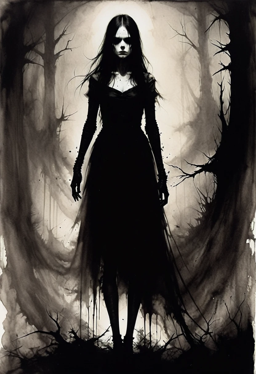 Ashley Wood style, dark scarlet, Chemiluminescence, girl, (minimalism: 1), sepia, ray tracing details...Stephen Gammell Style - Iaaya in the style of Stephen Gammell. Concept art of a female horror character shrouded in flowing black ink that blends with her form, emitting a mysterious and sophisticated presence
