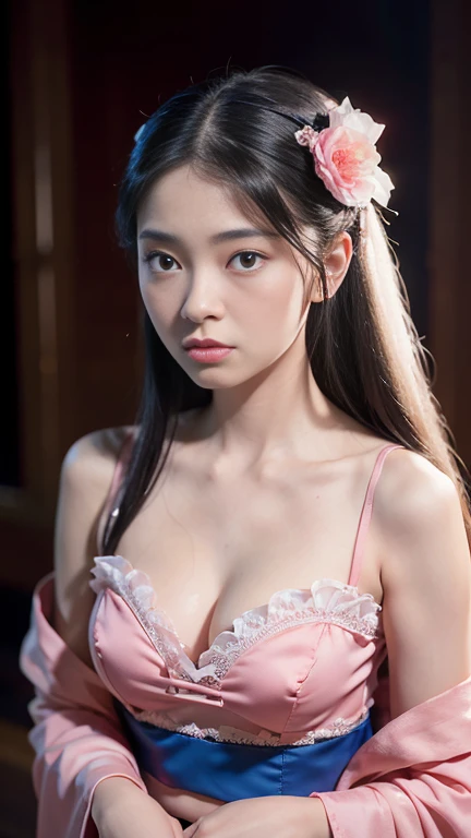 8k, RAW Photo, Best Quality, Masterpiece: 1.2), (Realistic, Photo Realistic: 1.4), {{{1girl}}},, Depth of Field, Full Body, Cinematic Lighting, princess 18 years old cute, (small boobs，cleavage), Beautiful Facial Features, Beautiful Body, Sweating, , Depth of Field, Skin, Ears, Pale Skin, Best Quality, Masterpiece, Illustration, an extremely deciple and beautiful, extremely detailed,CG,unity,8k wallpaper,amazing,finely detail,master,best quality,official art,extremely detailed CG unity 8k wallpaper,ridiculous,incredibly ridiculous,huge file size, super verbose, high resolution, very verbose, Beautiful detailed girl, very detailed eyes and face, beautiful detailed eyes, light on face, (Hanfu: 1.1), lace silk thin, petticoat,  white pink, blue