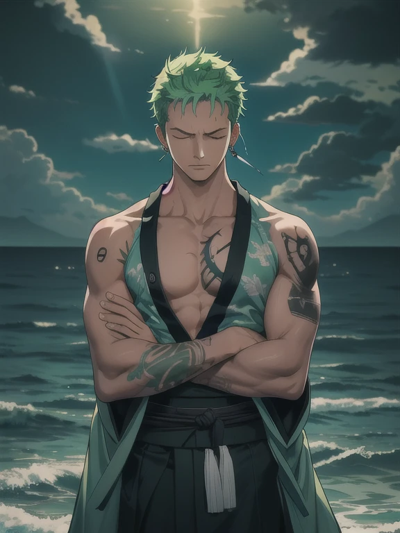 Highly detailed, High Quality, Masterpiece, beautiful, night, (dark environment), sky, cloud , ocean, water reflection from sky, zoro, solo, short hair, closed eyes, concentration, upper body, male focus, earrings, japanese clothes, green hair, horns, kimono, tattoo, glowing, scar, scar on chest, crossed arms,