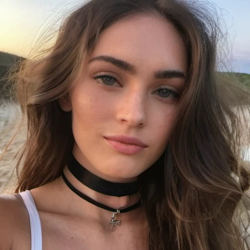 Grains de films, Texture de la peau, Instagram selFie oF a woman with long loose hair wearing a choker,evening beach in the background,F/1.8,   