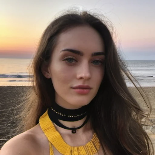 Grains de films, Texture de la peau, Instagram selFie oF a woman with long loose hair wearing a choker,evening beach in the background,F/1.8,   