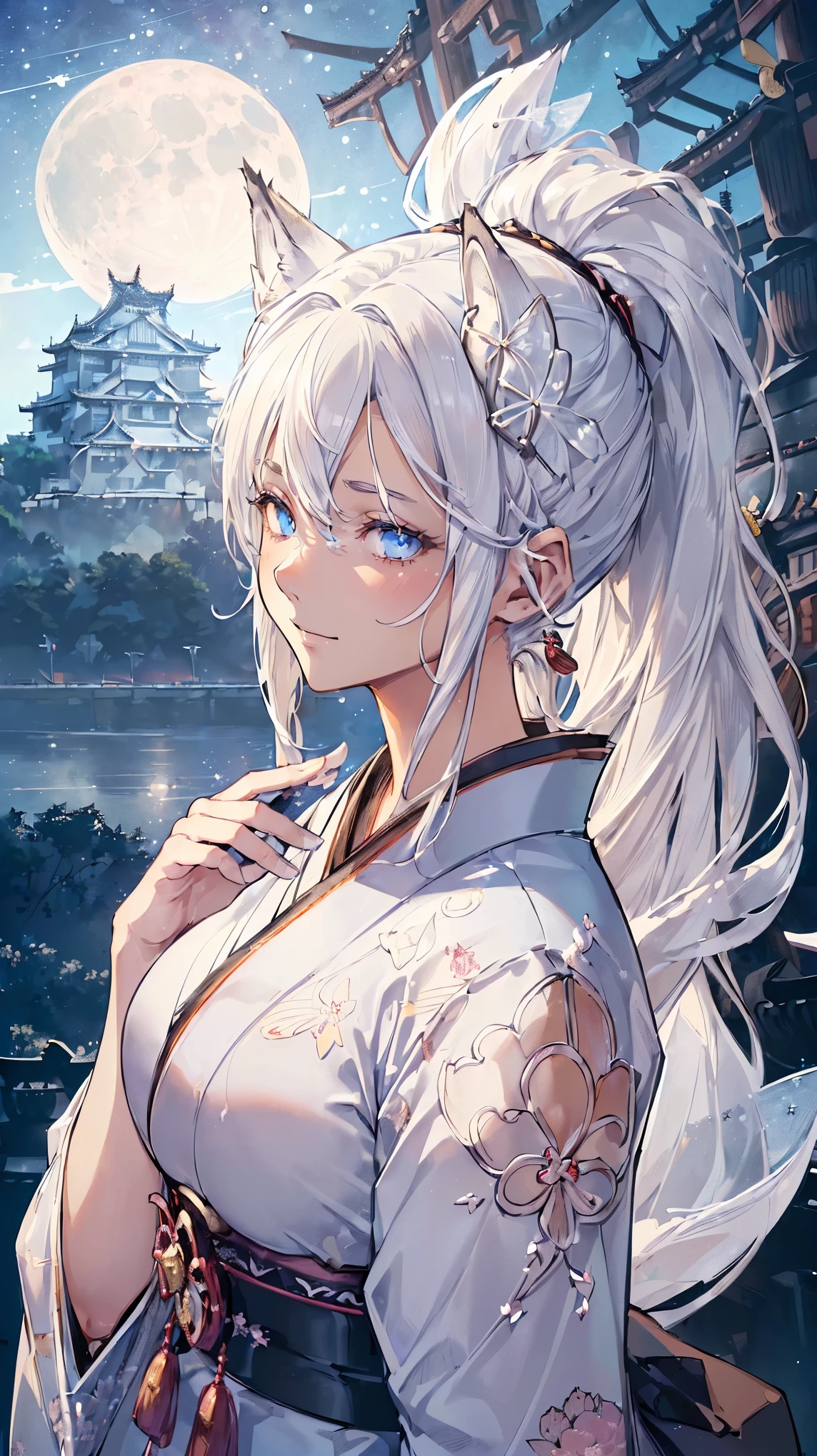 (((Masterpiece))), (((Highest quality))), ((Ultra-detailed)), ((Super fine illustration)), ((Ultra-fine painting)), (16K highest quality wallpaper:1.4),HDR, (Highly detailed and delicate illustration style:1.8), Detailed skin texture, Detailed cloth texture, Extreme detailed description, Intricate details, Super details, Direct light:1.6
BRAKE
(27-years-old), (Solo:1.8), ((A very beautiful and attractive silver (fox:1.4) fashion model:1.4))
BRAKE
(Perfect anatomy:1.4), (Highly detailed face:1.4), ((Beautiful and adorable silver fox ears:1.4)), (Highly detailed and delicate silver fox ears:1.4), (Beautiful and well-shaped big breasts:1.2), (Beautiful and well-shaped buttocks), (Beautiful and shiny silver ponytail:1.4), (Highly detailed and delicate silver ponytail:1.2), (Beautiful and clear blue eyes:1.6), (Highly detailed and delicate blue eyes:1.4), (Highly detailed face:1.4), (Smile:1.5), (Blush:1.2), (Perfect anatomy:1.4), (Highly detailed hands:1.2), (Highly detailed fingers:1.2), (Highly detailed fingertips:1.2), (Looking at viewer:1.4)
BRAKE
(Dark colored highly detailed kimono armor:1.4), (Dark colored highly detailed long hakama armor:1.4), (Japanese traditional costume:1.2)
BRAKE
(Concept art:1.2), (Detailed fantasy art:1.2)
BRAKE
((Highly detailed and delicate Japanese castle background:1.6), Japanese style castle:1.4, Highly detailed and beautiful moon and starry sky background:1.4) BRAKE
(Upper body:1.4)
BRAKE