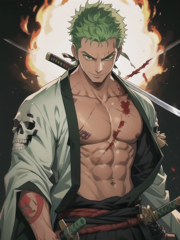 zoro, solo, short hair, 1boy, weapon, male focus, japanese clothes, green eyes, green hair, sword, kimono, tattoo, scar, katana, fire, pectorals, sheath, scar on face, skull, scar across eye, scar on chest, multiple swords, black background, masterpiece, skulls background, realistic, blood wall, On a bloody wall, blood spatter, smile, laugh