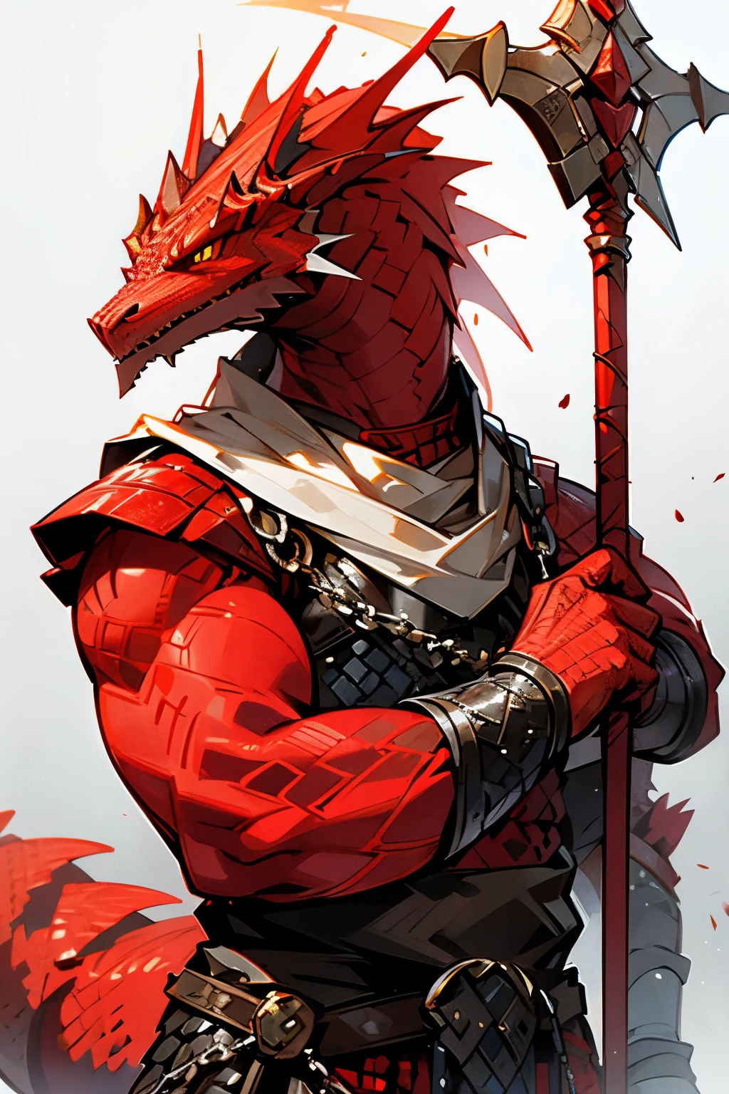 Man, Dragonborn, red scales, chain mail, spear, high, broad-shouldered, yellow eyes, dragon face 