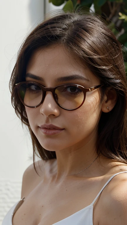 Rostro Redondo de mujer, ruborizada, piel muy blanca, piel muy blanca, nariz recta, mejillas grandes y muy abultadas, asian eyes, sharp angle eyebrows, labios carnosos, pupilas oscuras, cabello negro, gafas de estilo mariposa, gafas de estilo mariposa, gafas con monturas de estilo mariposa, rostro mirando directo a la camara, foto de perfil.