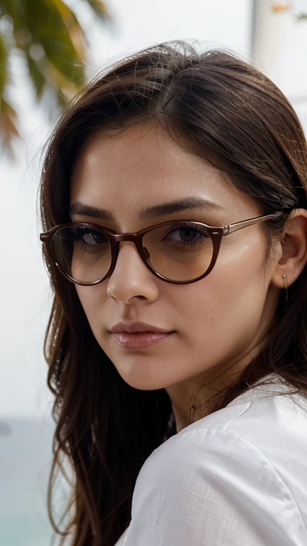 Rostro Redondo de mujer, ruborizada, piel muy blanca, piel muy blanca, nariz recta, mejillas grandes y muy abultadas, asian eyes, sharp angle eyebrows, labios carnosos, pupilas oscuras, cabello negro, gafas de estilo mariposa, gafas de estilo mariposa, gafas con monturas de estilo mariposa, rostro mirando directo a la camara, foto de perfil.