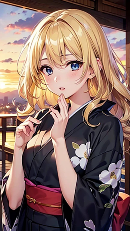 A girl is posing for a photo,pretty girl,Enchanting girl,Anime Girls,
(((One Girl,Baby Face,16 years old))),
BREAK 

((Camellia pattern black yukata:1.4,))、(Hairpin)、
BREAK 

((Blonde:1.4、Wavy Hair、Hair blowing in the wind、Semi-long hair:1.4)),
(Drooping eyes,blue eyes),(Small breasts),
BREAK 

(Beautiful Hair,Shiny Hair),
(Expression of fine eyes,Beautiful and delicate eyes,Sparkling eyes,Eye Reflexes),
(double eyelid,Long eyelashes),
(Beautiful Nose,Thin Nose),
(Glossy lips,Beautiful Lips,Thick lips),
(Symmetrical facial features,Perfect Face),(((Detailed skin,Oily skin,Textured skin,Beautiful Skin))),
BREAK 

(Open your mouth),
((evening、Porch of Japan house:1.4、Sunset、mosquito coil)),((Dynamic Pose、Upper Body Shot)),
BREAK 

(((highest quality)),((masterpiece)),((Very detailed))),((High resolution),(8k),(16k,1080p),(Anime 2D Rendering)),(Anatomically correct),
((Realistic)), (The best CG),Highly detailed art,CG illustration,
