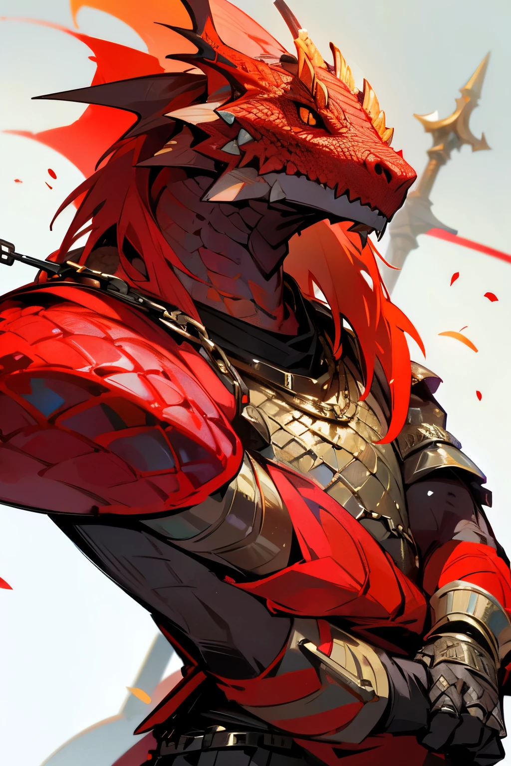Man, Dragonborn, red scales, chain mail, spear, high, broad-shouldered, yellow eyes, dragon face