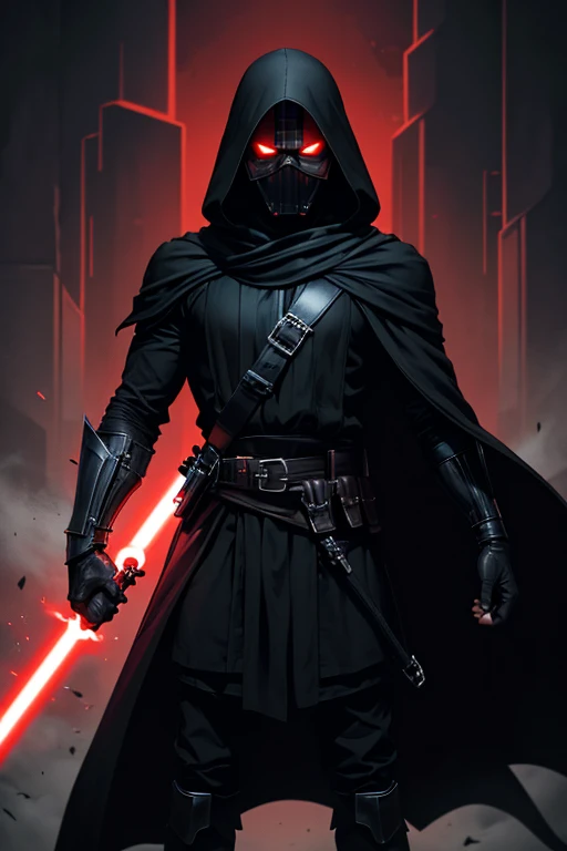 Darth Tenebris wears a dark, black tunic that fits snugly to his body, allowing freedom of movement. The tunic features a hood, often worn up, partially obscuring his face and adding an air of mystery. His outfit is completed with tall, black boots and gloves that protect his hands during combat. He wears a metal mask that covers his entire face, resembling a skull, with narrow, vertical eye slits that glow red, and a built-in voice modulator. The mask has a simple but terrifying design. He wields a red lightsaber with a blade that glows intensely crimson, and the hilt is straightforward, functional, and made of durable materials. His demeanor is full of anger and determination, exuding an aura of power and dark majesty.