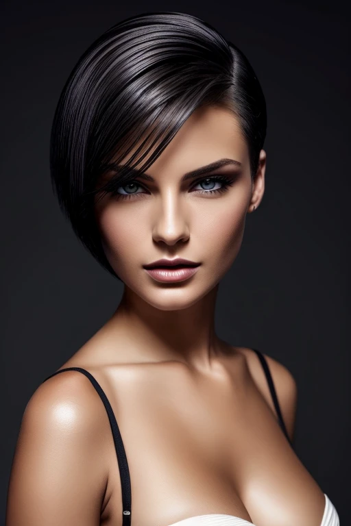 Gorgeous european woman with very short straight hair, short hair, wet hair, hair slicked back, combed straight back, slick hair, dark blonde gradient hair, super sexy and seductive, cleavage, solid dark grey background